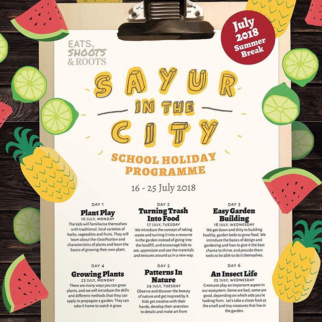 SAYUR IN THE CITY: JULY 2018 SCHOOL HOLIDAY PROGRAMME [link in bio]-Most children are born with a love for nature 🌳and animals , but in an urban setting, it can be challenging to find opportunities for them to connect and learn from nature. If you’re looking to fill your child’s holiday with some outdoor play and creativity, this children’s holiday programme gives them a space to get down and dirty with growing food and more.-The programme consists of 6 workshops, each designed to get children back into the outdoors; learn about where their food comes from, how to eat healthily, and be more connected to the environment we live in. The goal is to inspire children to open their eyes to the wonders of nature, and get their hands involved in creating things for themselves. They will also learn how to prepare their own healthy lunch each day -DATES: 16-18 & 23-25 July 2018-Suitable for: Kids ages 7-10 years old-Price per child per session: RM120 for 1 dayRM340 for 3 daysRM630 for 6 daysInclusive of lunch, which will be cooked with the kids!-Register now:http://julyschool.eatsshootsandroots.com-More info:DM us or email learn@eatsshootsandroots.com-#eatsshootsandroots #green #sayur #garden #workshop #kids #children #veggies #plant #programme #schoolholiday #july
